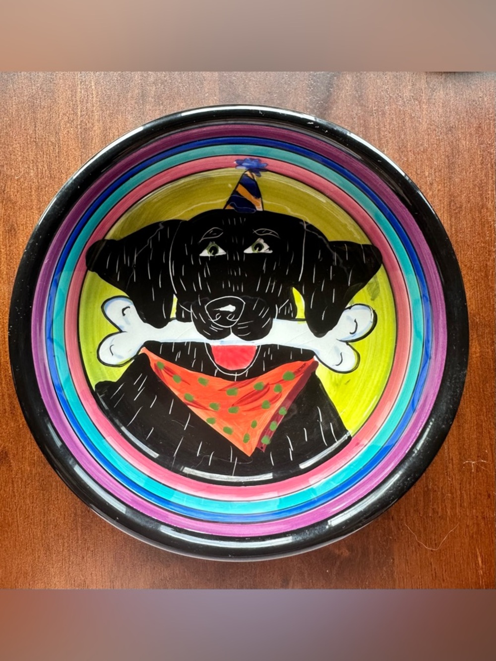 Hand-Painted Colorful Black Dog Ceramic Pet Bowl with Playful Bone Design
